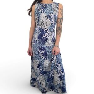 Y2K Blue Patchwork Leopard Print Midi Dress Sleeveless Animal Print Dress Size S